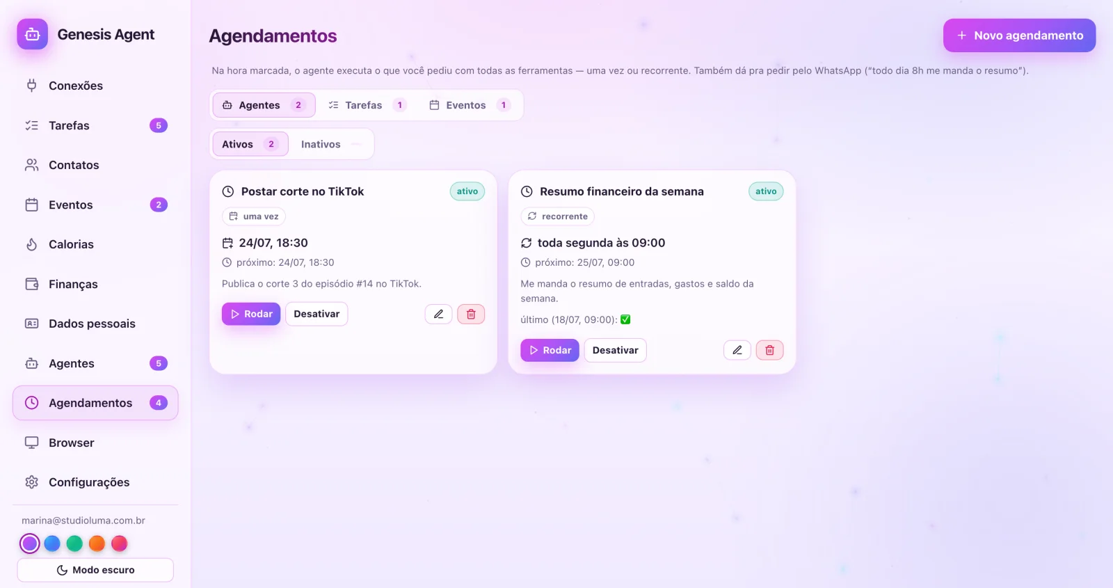 Tela de agendamentos com fluxos recorrentes ativos do agente