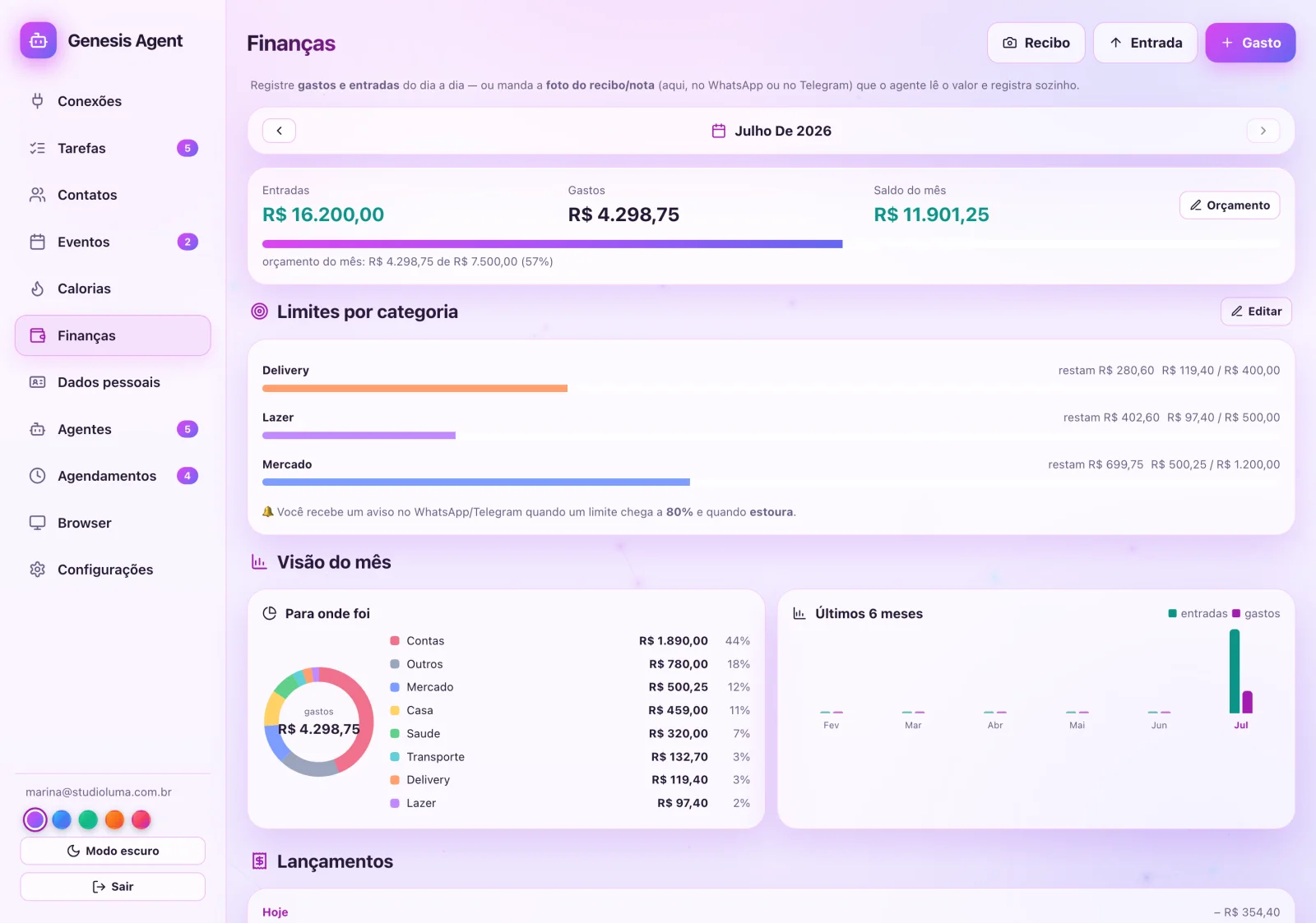 Tela de finanças com entradas, gastos, saldo do mês, limites por categoria e gráficos